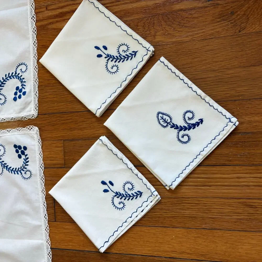 Vintage Portugal White Cotton Placemats Napkins Set Blue Embroidery